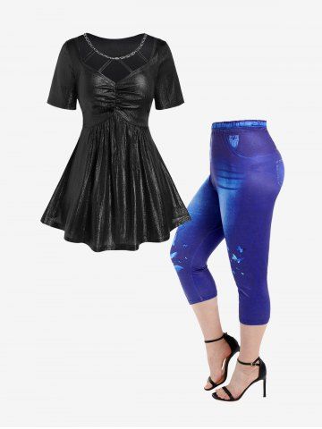 Ruched Cutout Chains Metal Tee and 3D Jeans Butterfly Leggings Plus Size Summer Outfit - BLACK