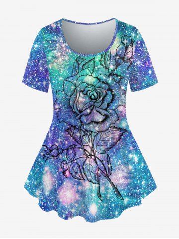 Plus Size Galaxy Glitter Flower Print T-shirt - BLUE - 2X | US 18-20