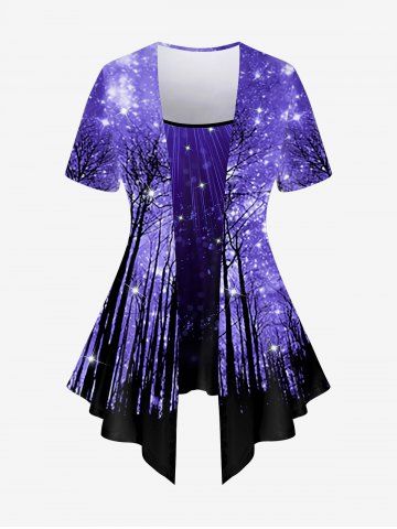 Plus Size Galaxy Trees Glitter Print 2 In 1 Tee - PURPLE - M | US 10