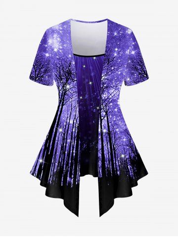 T-shirt Galaxie Arbre et Galaxie Imprimés de Grande Taille à Paillettes - PURPLE - 4X | US 26-28
