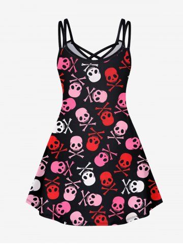 Gothic Skulls Print Crisscross Cami Dress