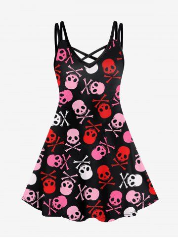 Gothic Skulls Print Crisscross Cami Dress - RED - 2X