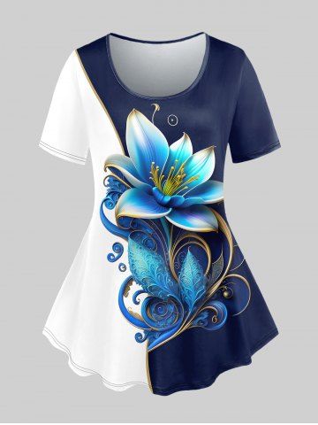 Plus Size Flower Colorblock Print Short Sleeves T-shirt - DEEP BLUE - 2X | US 18-20