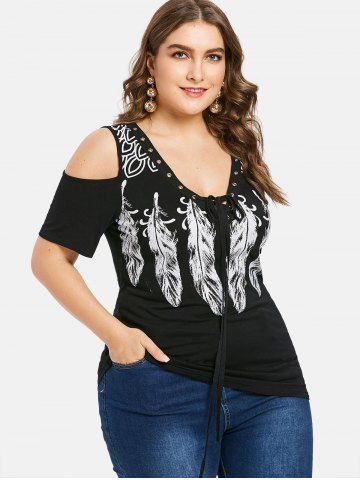T-shirt Plume Imprimée à Epaule Dénudée de Grande Taille à Lacets - BLACK - M | US 10
