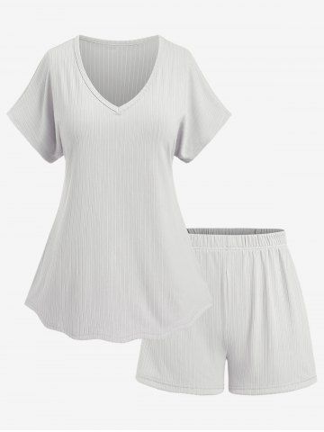 Plus Size V Neck Solid Color Top and Shorts Pajamas Set - GRAY - XL