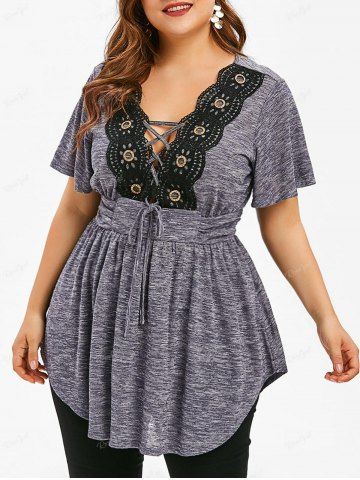 Plus Size Lace-up Lace Panel T-shirt - GRAY - 3X | US 22-24
