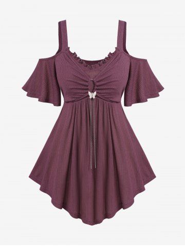 Plus Size Ruched Butterfly Buckle Chain Cold Shoulder T-shirt