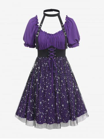 Plus Size Moon Star Mesh Overlay Buckles Ruffles Lace-up Hater Dress - PURPLE - 1X | US 14-16