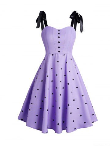 Polka Dots Print Mock Button Tie Knot Shoulder Vintage Dress - PURPLE - S