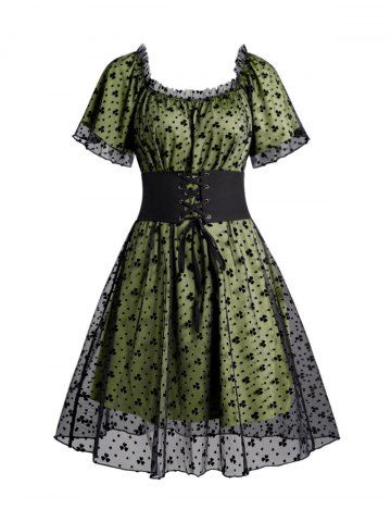 Floral Pattern Mesh Overlay Ruffles Mini Dress With Lace Up Belt - DEEP GREEN - XXL