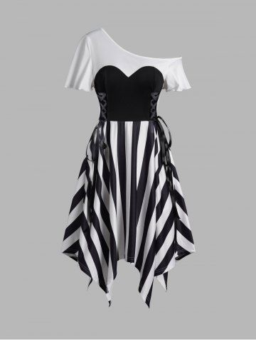 Contrast Colorblock Stripe Lace Up Skew Collar Asymmetric Dress - BLACK - M