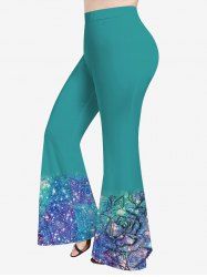Plus Size Glitter Flower Print Flare Pants -  