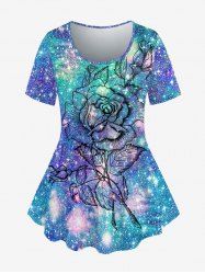 Plus Size Galaxy Glitter Flower Print T-shirt -  