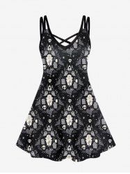 Gothic Skulls Cat Bat Tombstone Ghost Print Crisscross Cami Dress -  