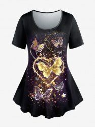 T-shirt Etoile Papillon Cœur Imprimés de Grande Taille à Paillettes à Manches Courtes - Noir XS | US 6