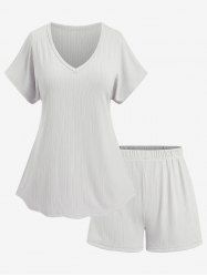 Plus Size V Neck Solid Color Top and Shorts Pajamas Set -  