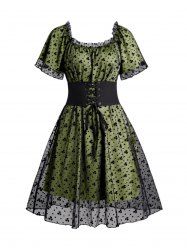 Mini-Robe Superposée Motif Fleuri en Maille à Volants avec Ceinture à Lacets - Vert profond S