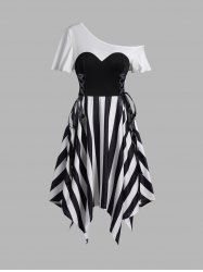 Contrast Colorblock Stripe Lace Up Skew Collar Asymmetric Dress -  