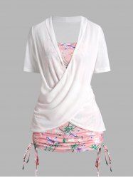 T-shirt Croisé Long Sanglé à Imprimé Feuille et Fleur Faux Deux Pièces - Blanc S