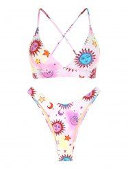 Lace Up Sun and Moon Star Print Bikini Swimwear -  