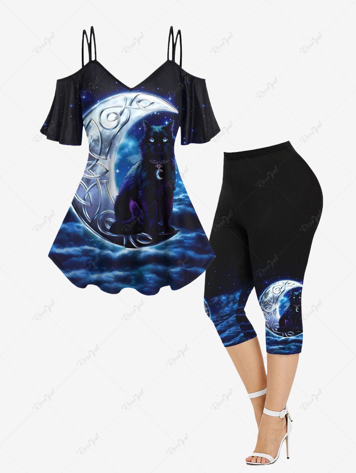 Cheap Plus Size Galaxy Moon Cloud Cat Printed Cold Shoulder Short Sleeve T-shirt and Leggings Outfit  
