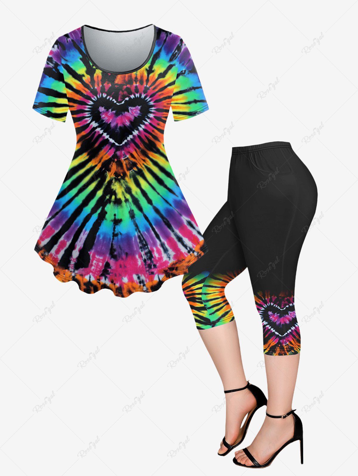 Fashion Plus Size Tie Dye Heart Printed Short Sleeves T-shirt and Leggings Outfit  