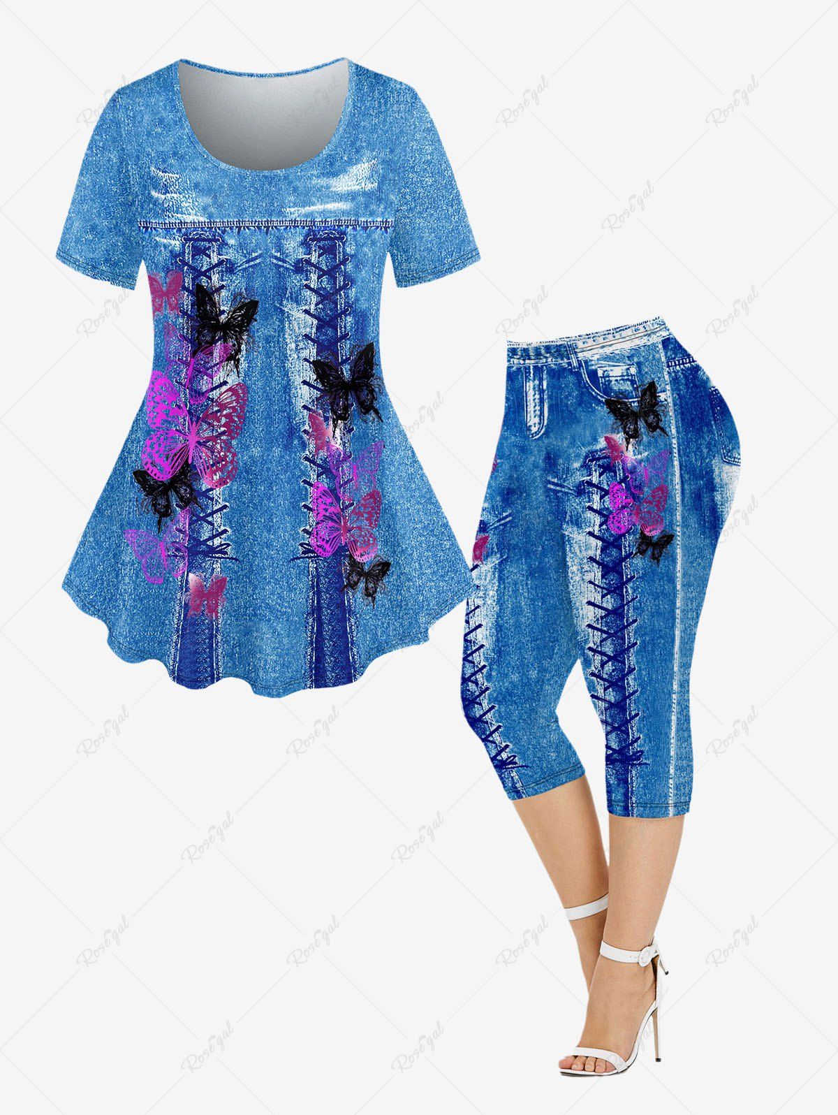 New 3D Lace Up Denim Butterfly Printed T-shirt and Capri Leggings Plus Size Matching Set  