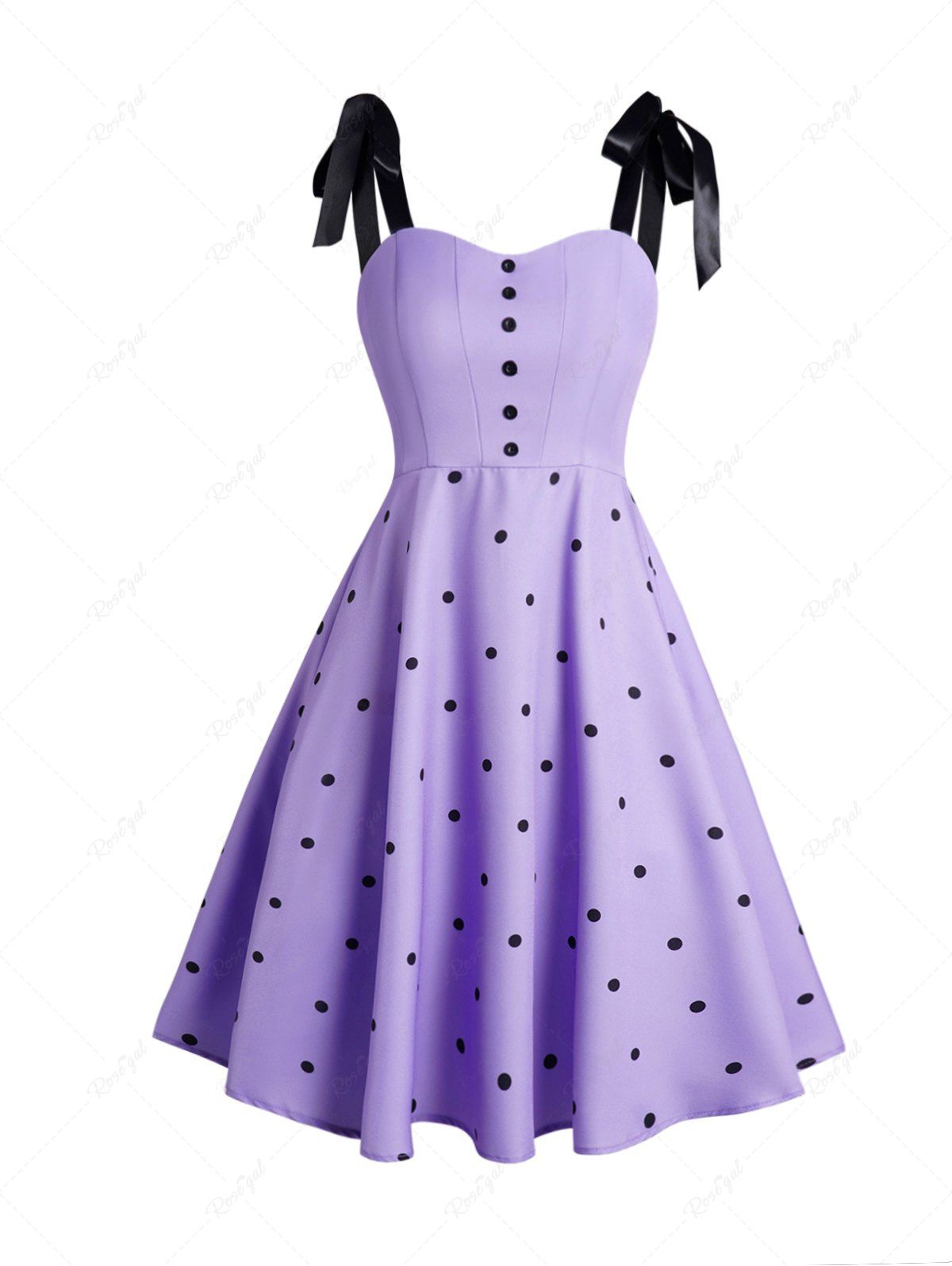 Buy Polka Dots Print Mock Button Tie Knot Shoulder Vintage Dress  
