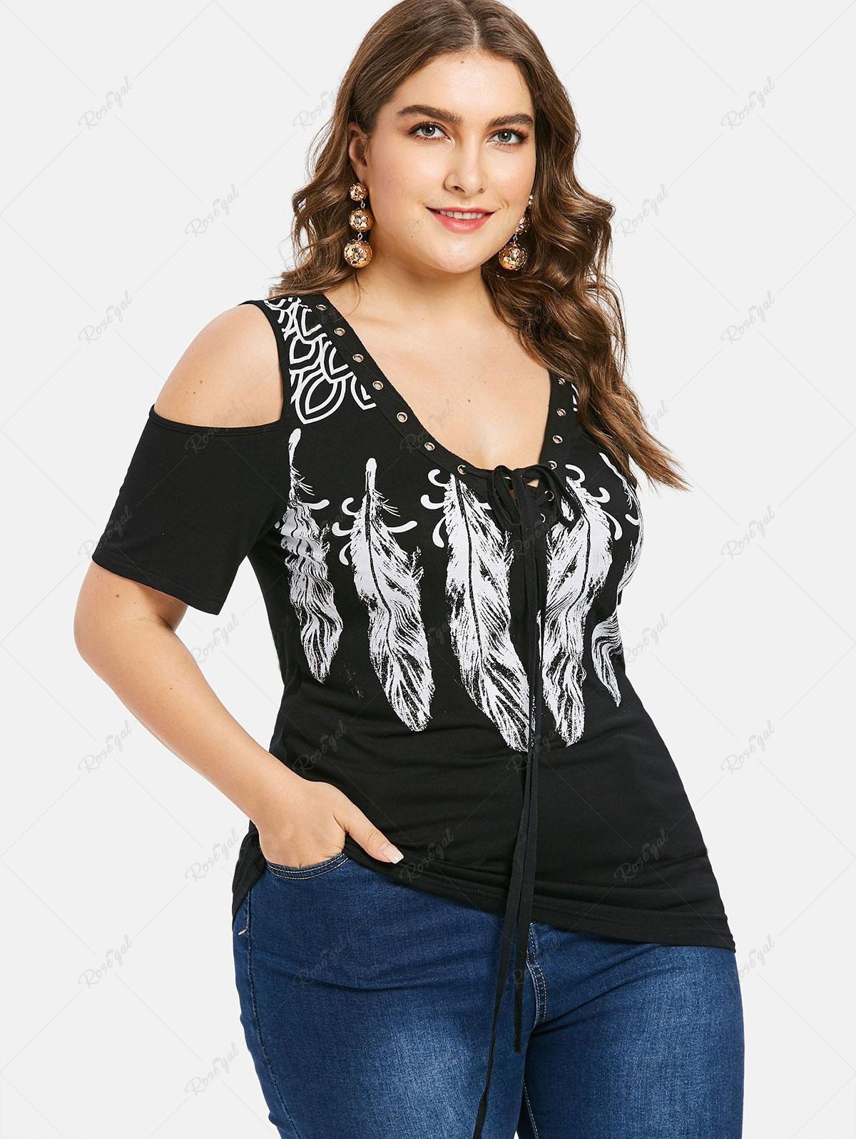 T-shirt Plume Imprimée à Epaule Dénudée de Grande Taille à Lacets Noir L | US 12