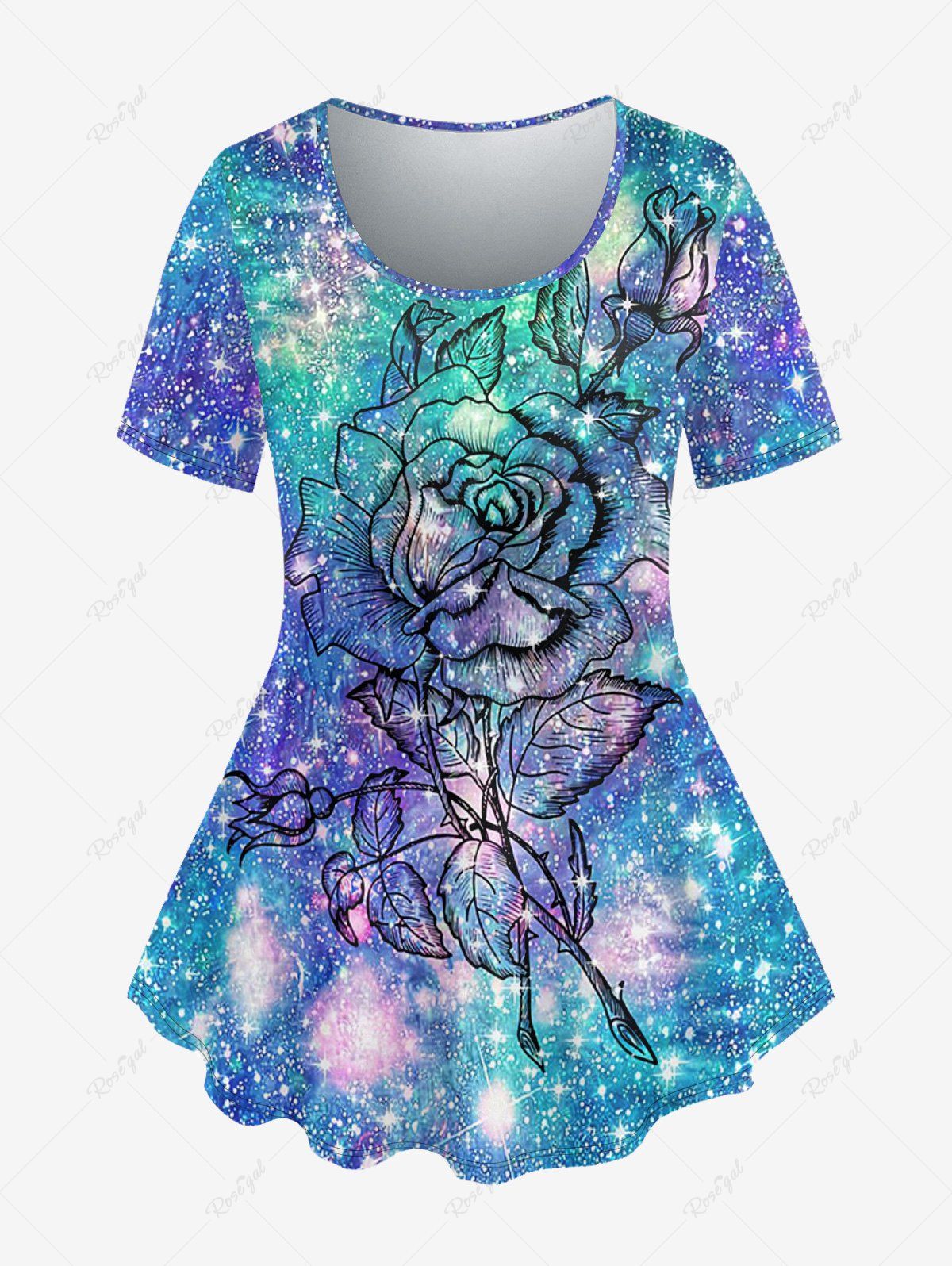 T-shirt Galaxie Fleur Imprimée de Grande Taille à Paillettes Bleu 5x | US 30-32
