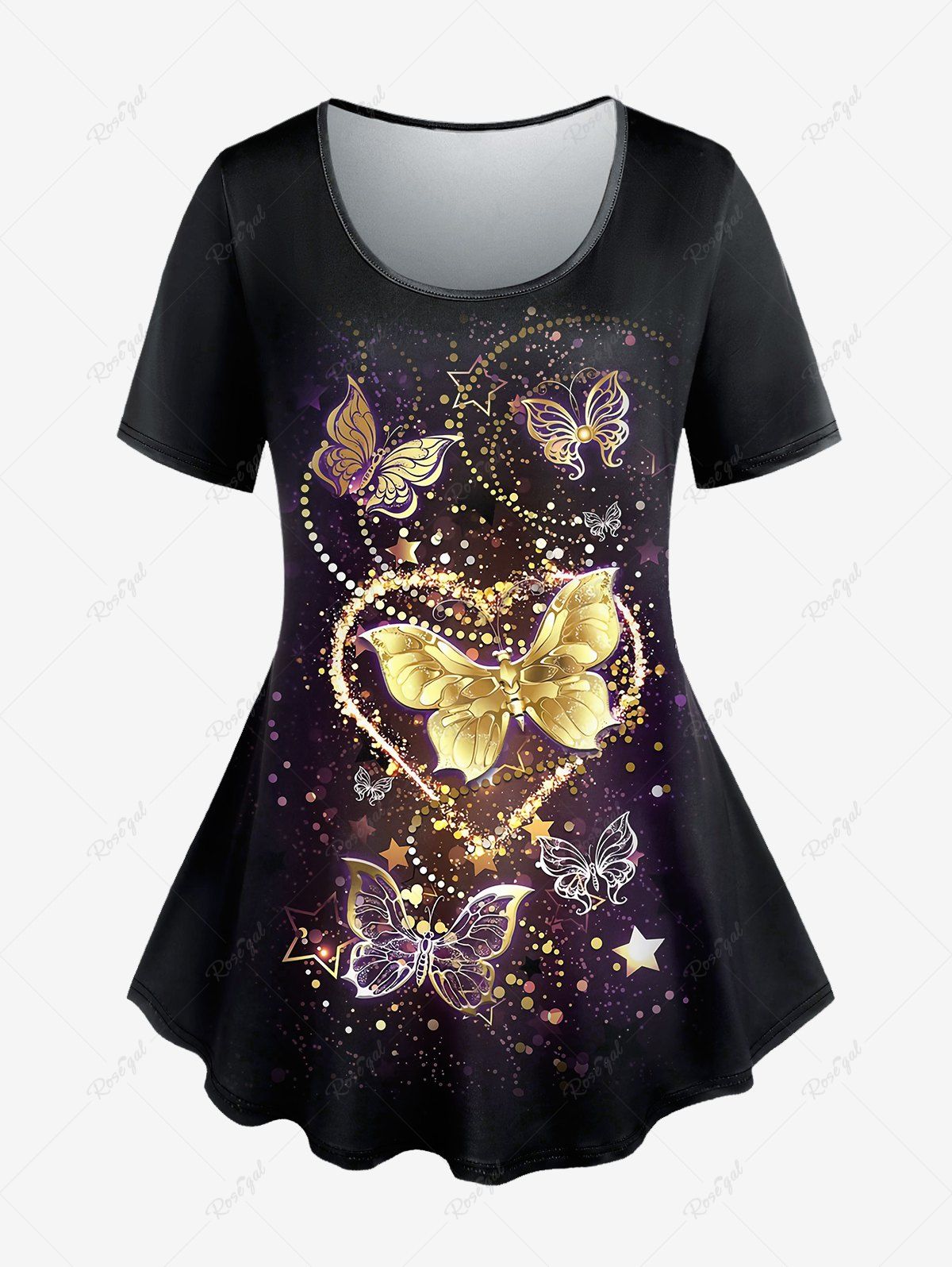 T-shirt Etoile Papillon Cœur Imprimés de Grande Taille à Paillettes à Manches Courtes Noir XS | US 6