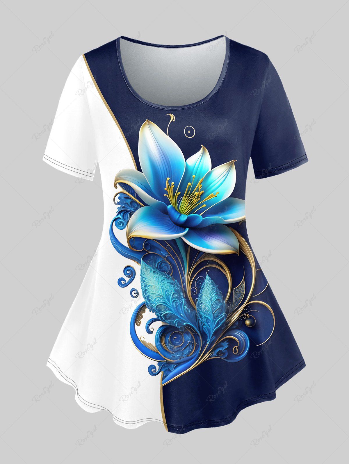Trendy Plus Size Flower Colorblock Print Short Sleeves T-shirt  