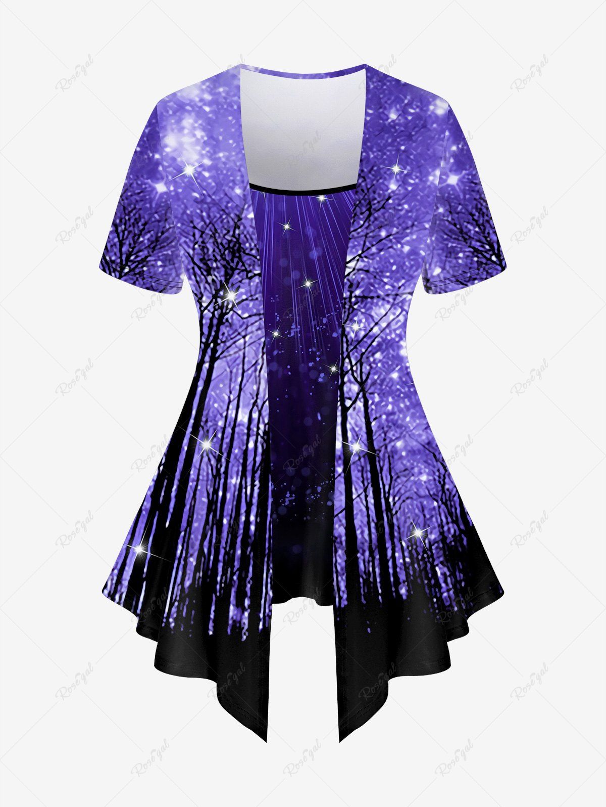 T-shirt Galaxie Arbre et Galaxie Imprimés de Grande Taille à Paillettes Pourpre  5x | US 30-32
