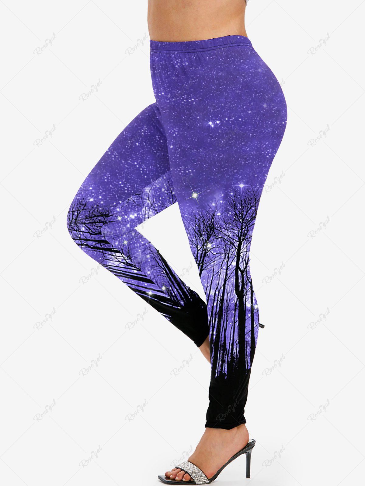 Unique Plus Size Galaxy Glitter Trees Print Leggings  