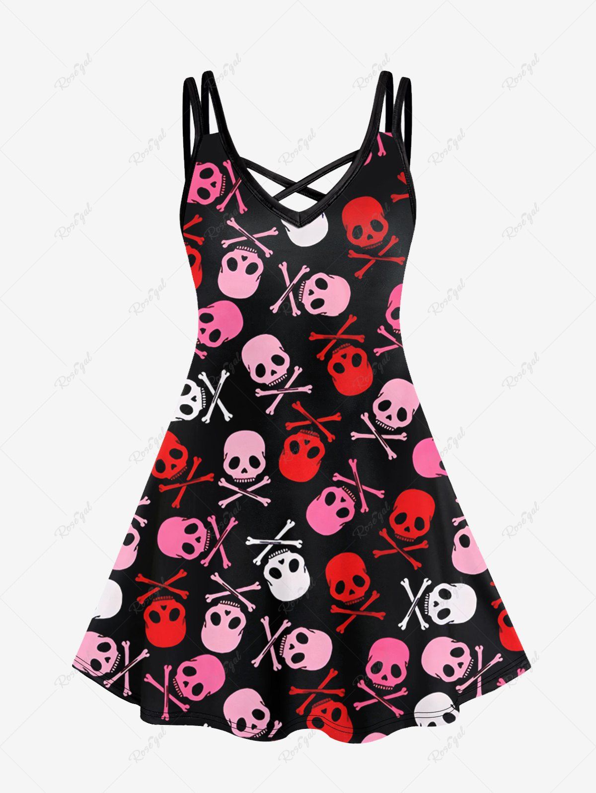 Cheap Gothic Skulls Print Crisscross Cami Dress  