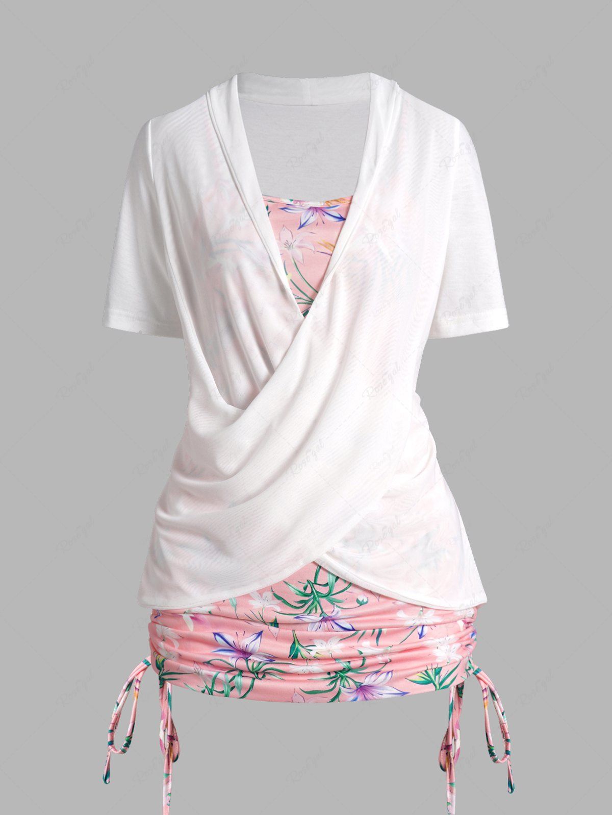 Fashion Flower Leaf Print Crossover Cinched Long Faux Twinset T Shirt  