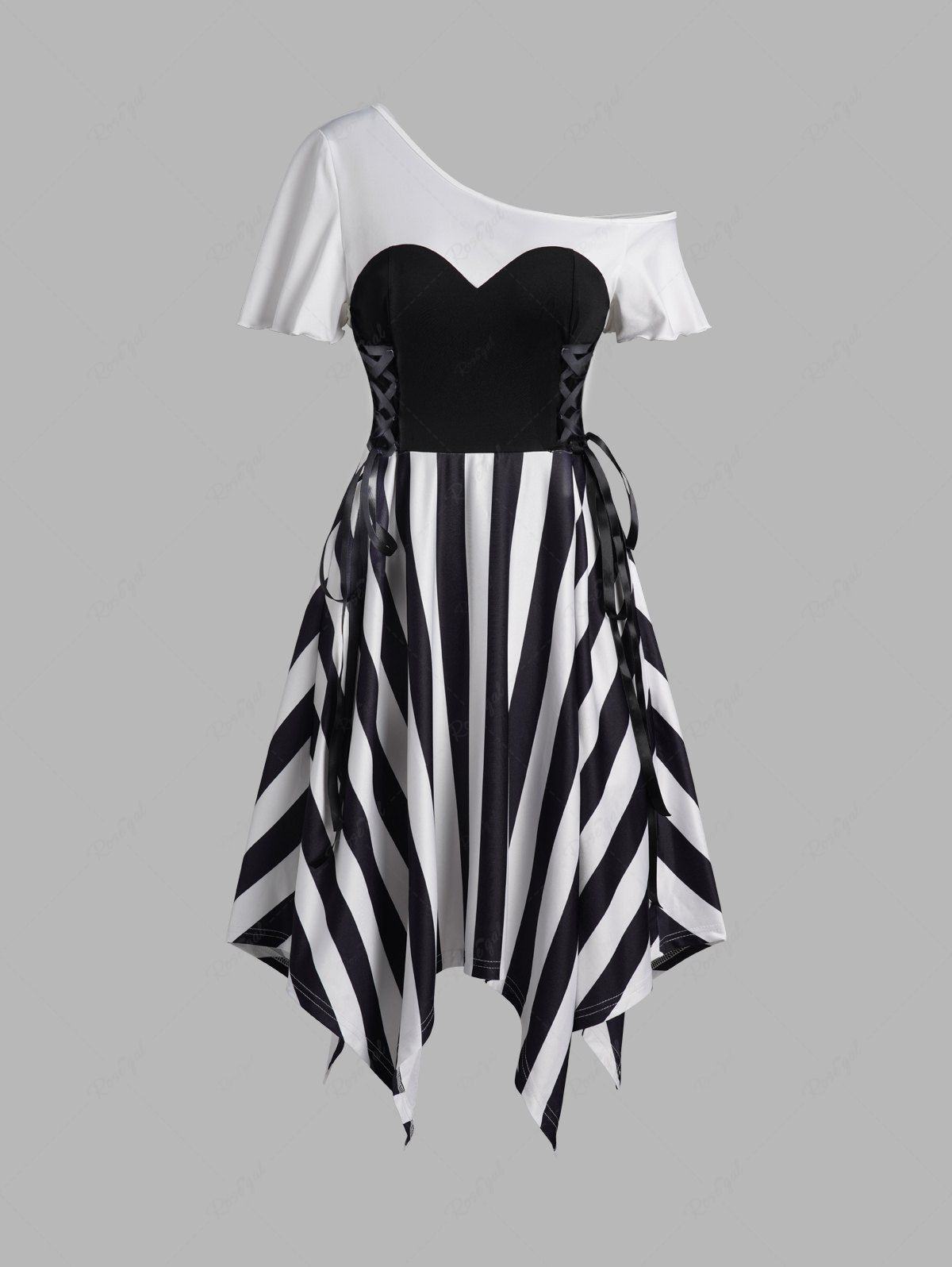 Chic Contrast Colorblock Stripe Lace Up Skew Collar Asymmetric Dress  