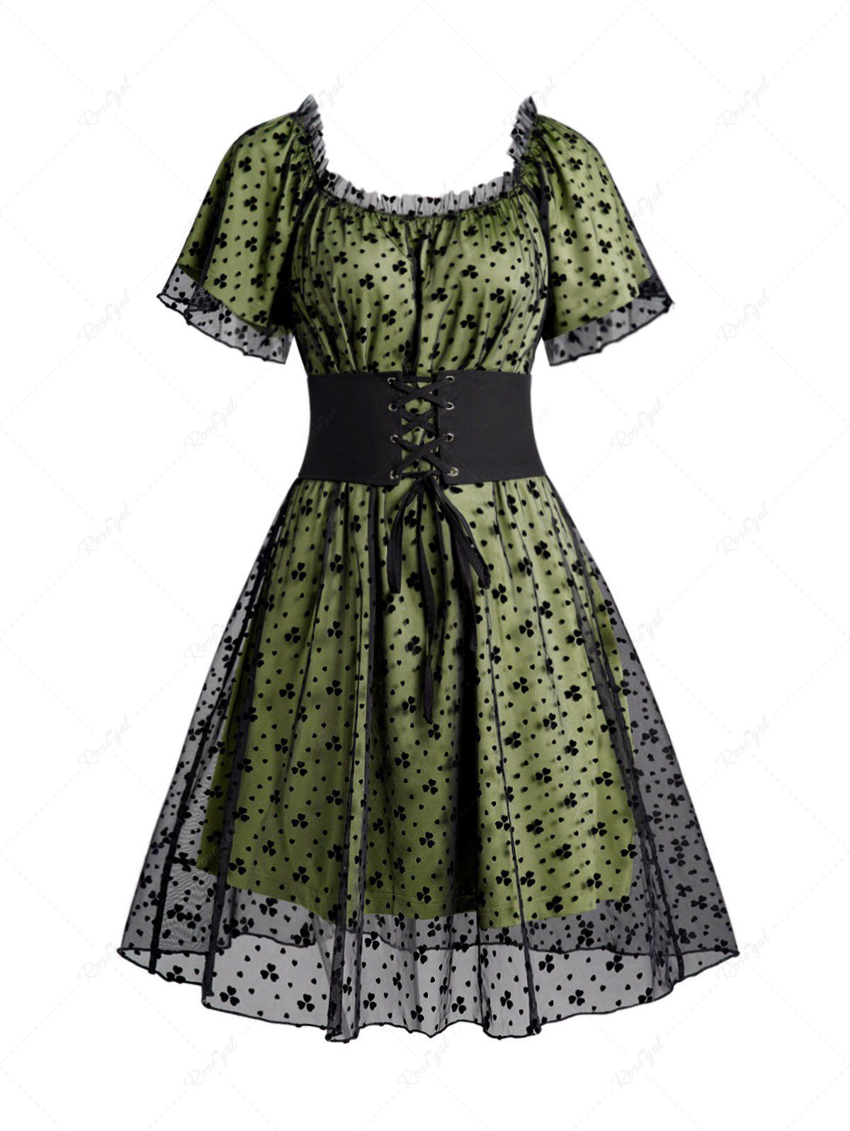 Mini-Robe Superposée Motif Fleuri en Maille à Volants avec Ceinture à Lacets Vert profond S