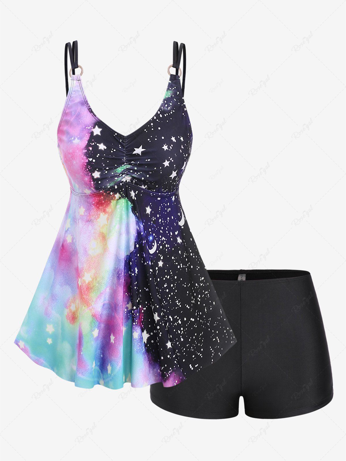 Store Plus Size Ruched Galaxy Moon Stars Print Boyleg Tankini Swimsuit  