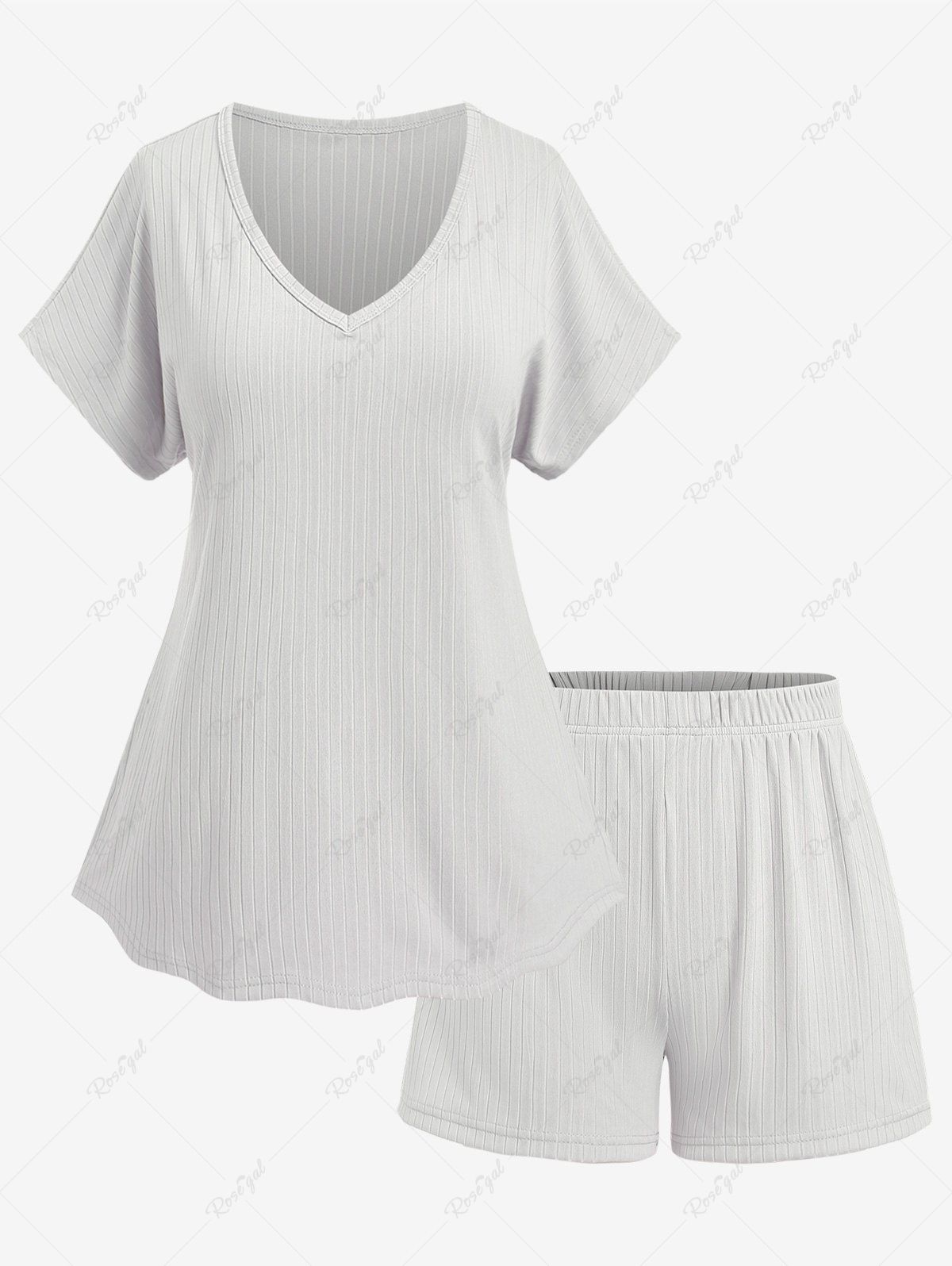 Chic Plus Size V Neck Solid Color Top and Shorts Pajamas Set  