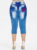 3D Lace Up Denim Butterfly Printed T-shirt and Capri Leggings Plus Size Matching Set -  