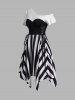 Contrast Colorblock Stripe Lace Up Skew Collar Asymmetric Dress -  