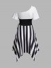 Contrast Colorblock Stripe Lace Up Skew Collar Asymmetric Dress -  