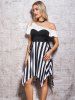 Contrast Colorblock Stripe Lace Up Skew Collar Asymmetric Dress -  