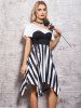 Contrast Colorblock Stripe Lace Up Skew Collar Asymmetric Dress -  