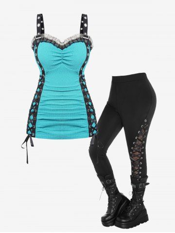 Plus Size Lace Up Grommets Buckle Ruched Lace Trim Cami Top and Panel Skinny Pants Outfit