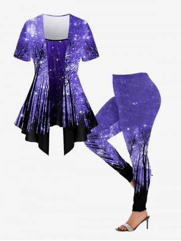 Galaxy Trees Glitter Printed 2 In 1 Tee and Leggings Plus Size Matching Set - PURPLE