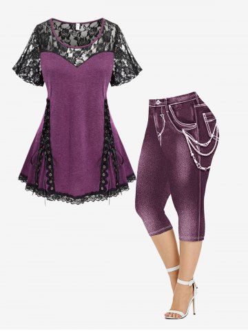 Lace Trim Lace Up Short Sleeve T-Shirt and 3D Chain Jeans Printed Leggings Plus Size Outfit