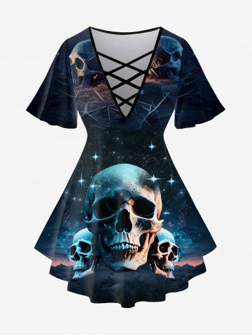 Gothic Skulls Glitter Print Crisscross Short Sleeve T-Shirt - BLACK - S | US 8