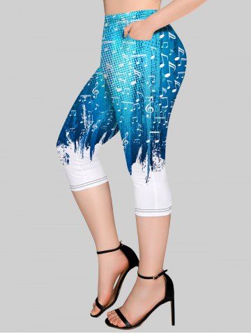 Plus Size Colorblock Musical Notes Print Pockets Capri Leggings